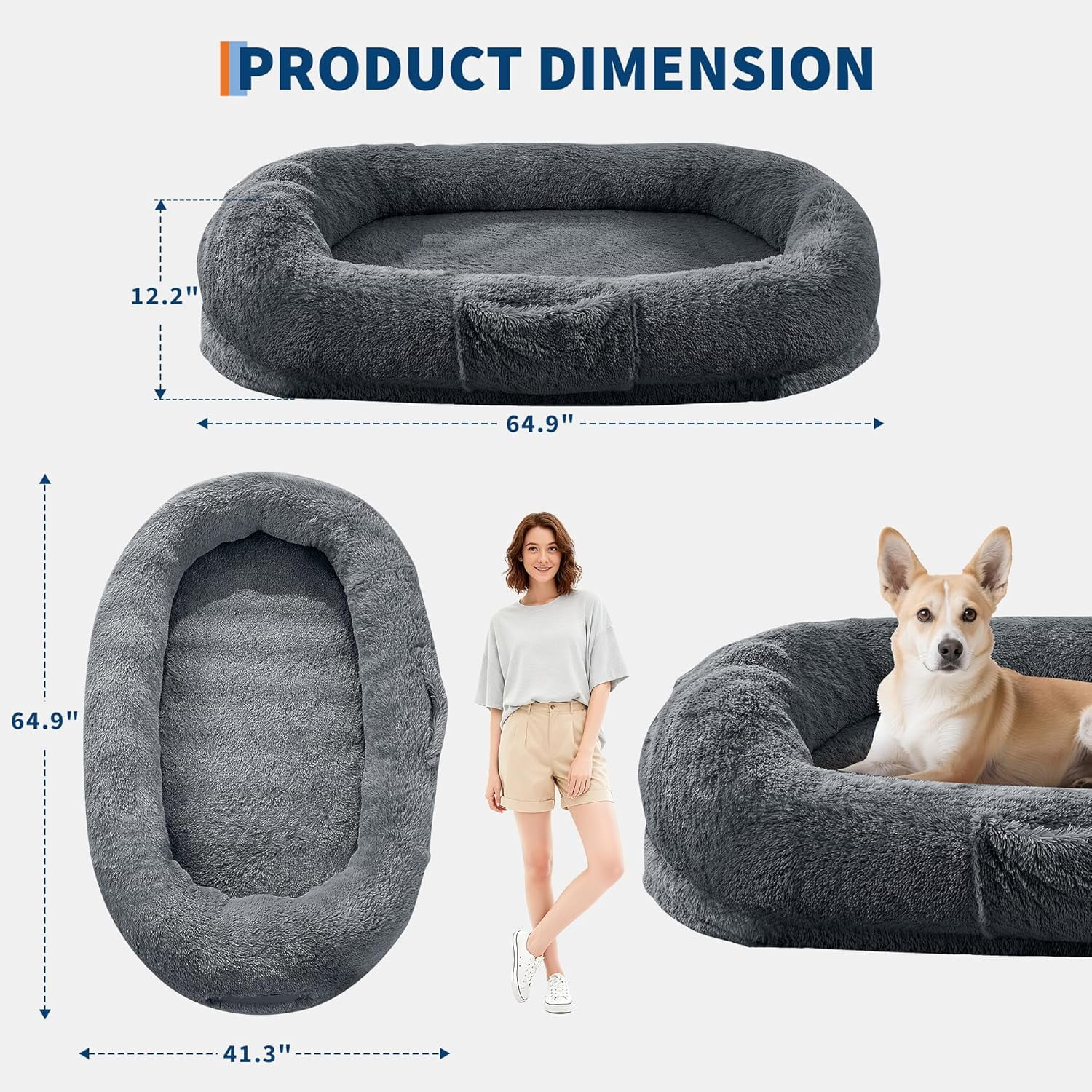 Historyli Human Dog Bed-65 Inch for Adult and Pets-No Assembly Required,Washable Fluffy Faux Fur,Napping Orthopedic Dog Bed with Side Pocket,Strap