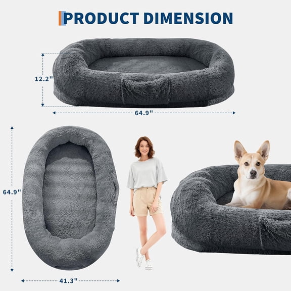 Human & Dog Pet Bed, Washable Faux Fur Orthopedic Bed with Side Pocket & Strap for Large Dogs and Humans - Dark Gray