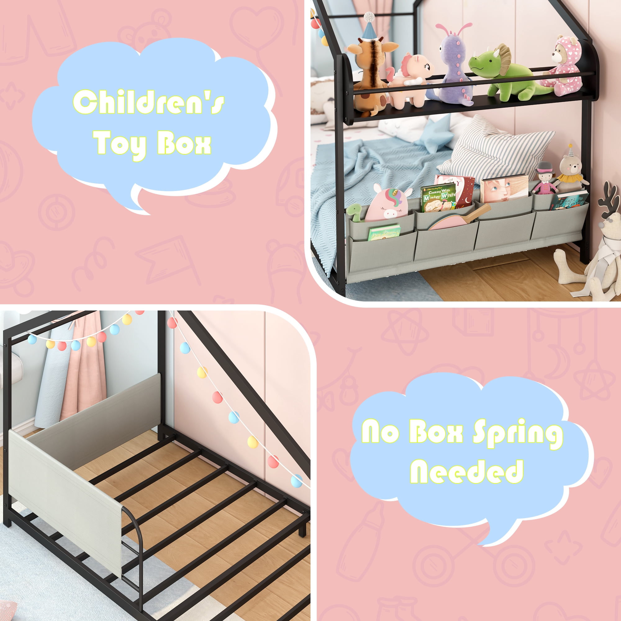 Yoneston Twin Size House Floor Bed with Storage Caddy and Shelf for Kids, Sturdy Metal Bed Frame with Guardrail for Toddlers, Boys and Girls - Black