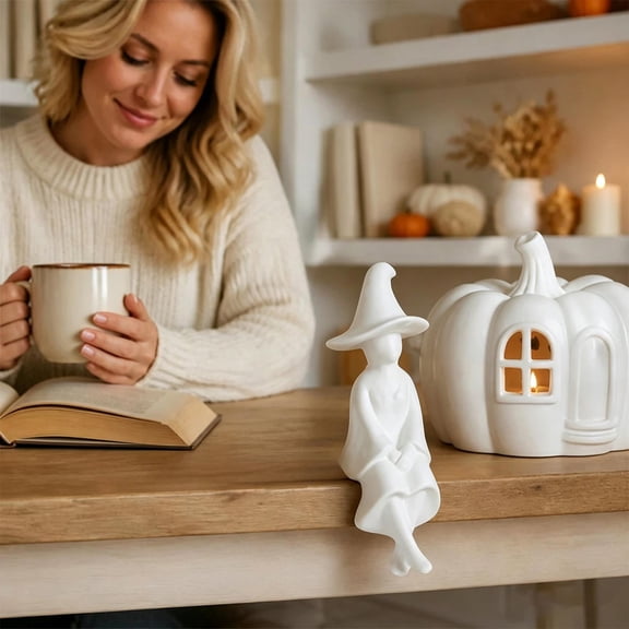Halloween Witch Figurine Resin White Witch Shelf Sitter Tabletop Mantel Decor Edge Hugging Witch Ornament Spooky Gothic Indoor Halloween Party Home Decoration Gift Holiday Display