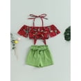 thumbnail image 2 of Bagilaanoe 2pcs Toddler Baby Girls Short Pants Set Print Off Shoulder Short Sleeve Crop Tops + Shorts with Belt 18M 24M 3T 4T 5T 6T Kids Casual Summer Outfits, 2 of 8