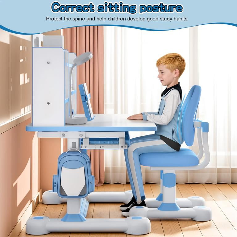 YNCE 2025 Upgrade Kid Desk and Chair Set, 50-Degree Tiltable Desktop Height Adjustable Kids Table and Chair Set with Bookshelf Storage Drawer for Bedroom Study Room (Blue #3)
