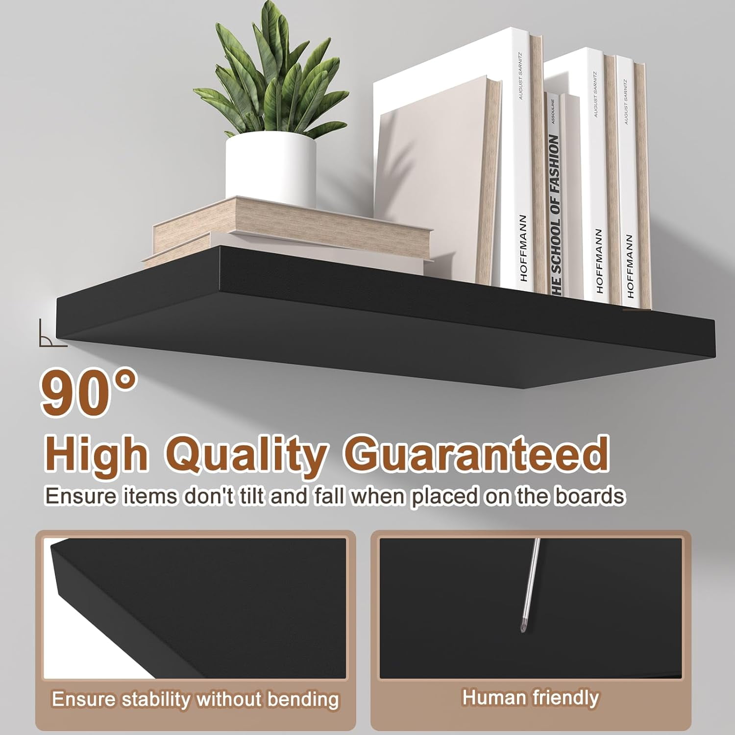 Dumekko Large Floating Shelves for Wall Set of 2 Wooden Wall Shelves 24 in x 10 in x 1 in Room Decor Long Shelf with Invisible Wall Mount Bracket for Bedroom, Kitchen, Living Room, Black