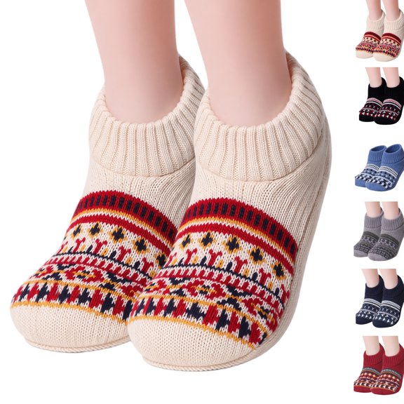 Women Nordic Fleece Lined Ankle Socks, Thick Warm Cozy Thermal Cabin Socks, Vintage Pattern Non Slip Home Sleeping Socks for Cold Weather Beige L