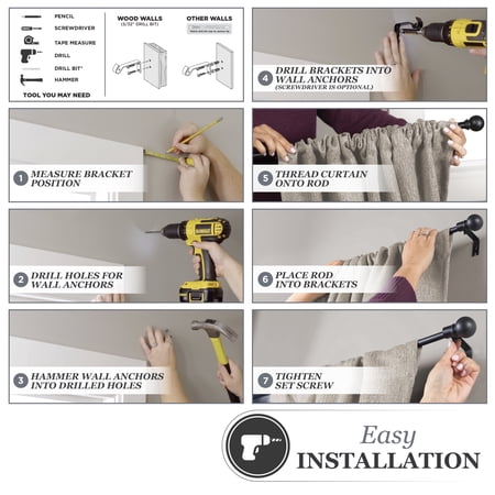 Kenney Chelsea 5/8 Matte Black Single Curtain Rod, 28-48, Black