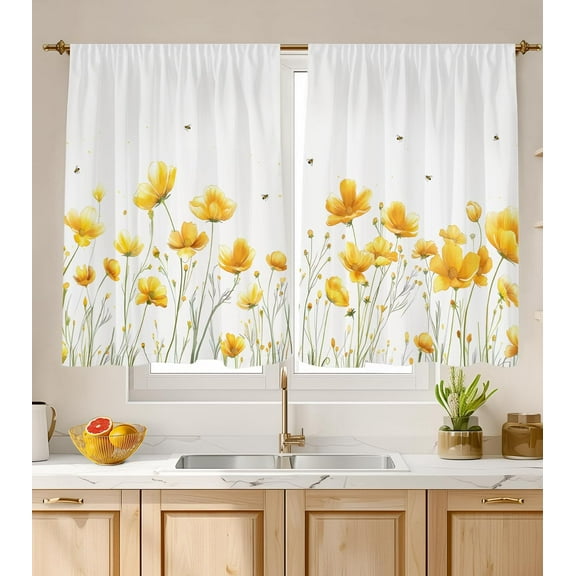 Kitchen Curtains (2 Pcs) Over Sink for Bathroom Window Cafe Basement Cortinas para Cocina Farmhouse Short Mini Curtain Flower Floral Summer Elegant Country Rustic Modern Cute - 28×40"