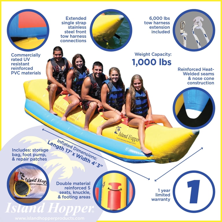 Island Hopper Heavy Recreational 5 Passenger Banana Boat, Yellow