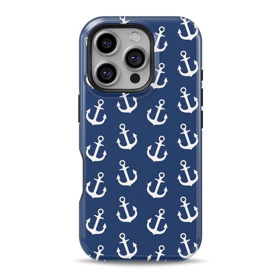 DesignSkinz Scratch-Resistant Hard Slim Case Compatible with iPhone 16 (Compatible with MagSafe) - Navy and White Micro Anchors