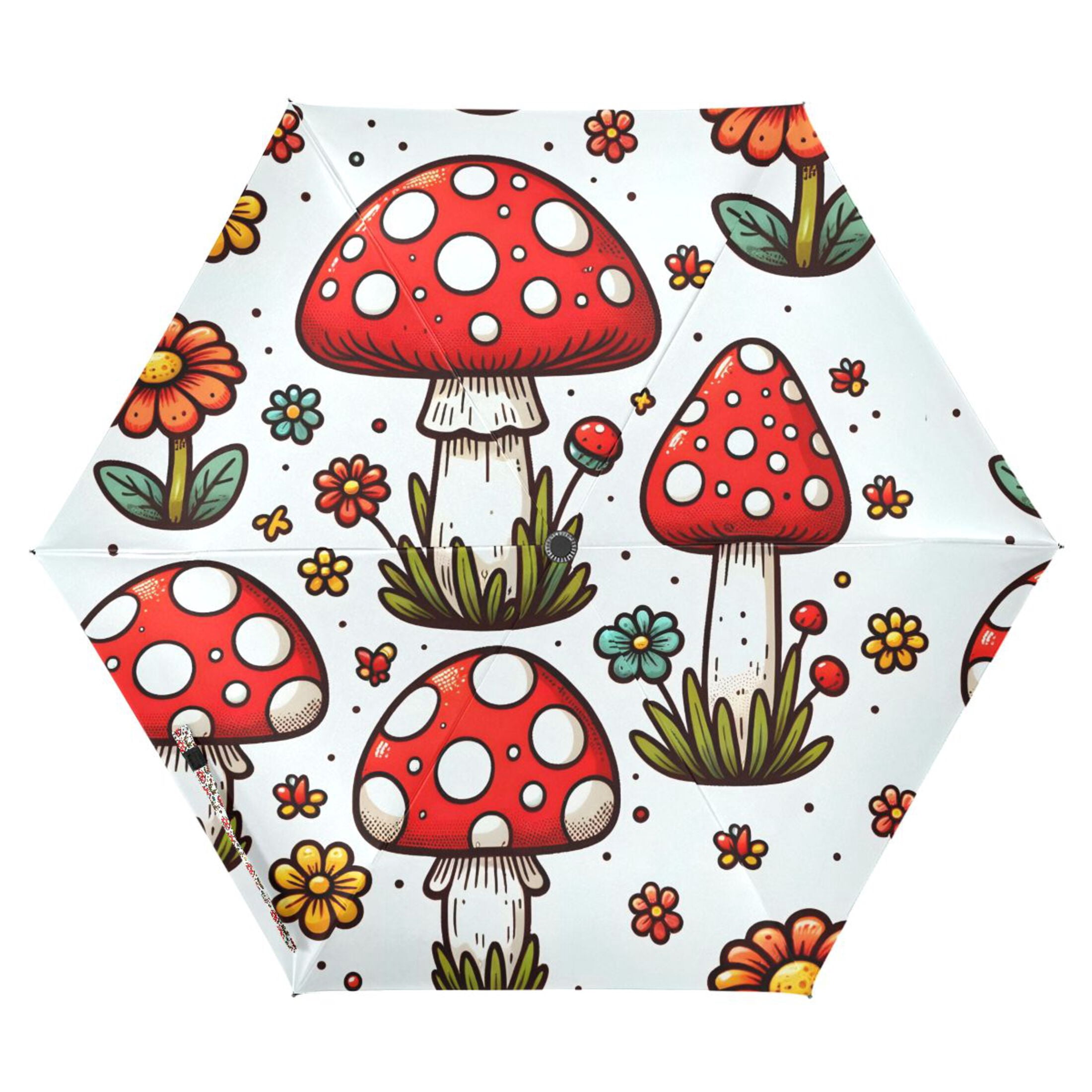 Cute Mushroom and Flowers Compact Sun Umbrella Windproof Travel Umbrellas for Rain Strong Portable UV Protection