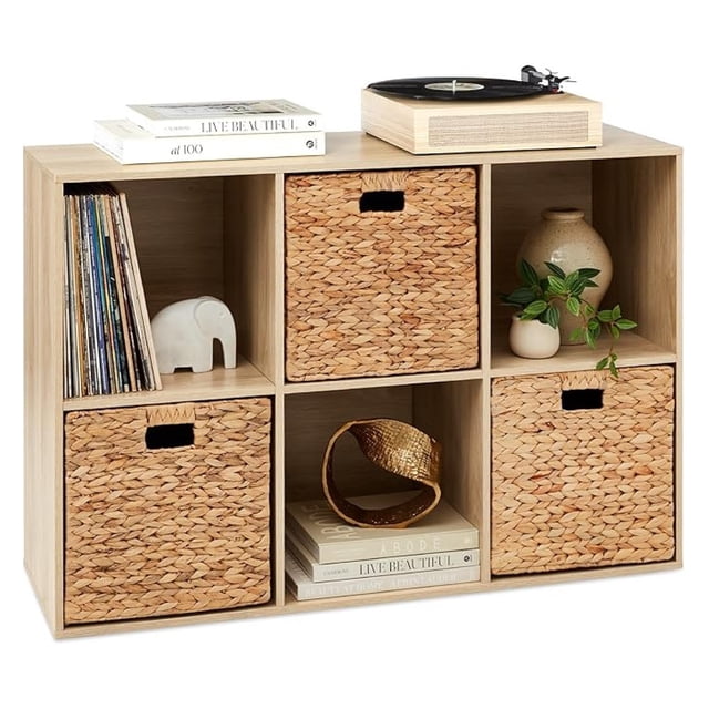 XPOPR 6-Cube Storage Organizer, 13.5in Shelf Opening, Bookcase, Display Shelf, Customizable w/ 3 Removable Back Panels – Light Oak