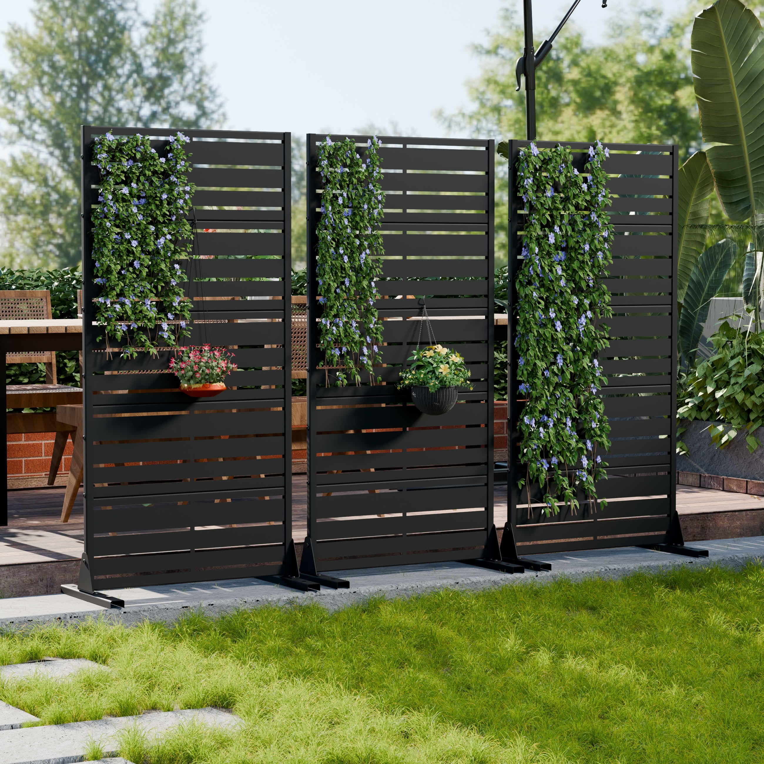MAYEERTY 2-Piece 59"x30" Outdoor Privacy Screen, Black 5-Panel Galvanized Steel Louvered Fence, Wide-1 Narrow-2, Freestanding for Patio Backyard