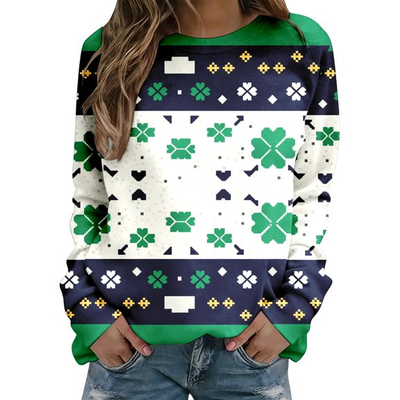 XIAOCHA Women's St Patrick Sweatshirt Pixel Clover Print Pullover Top Striped Crew Neck Sweatshirt, Green, Sizes XXXL