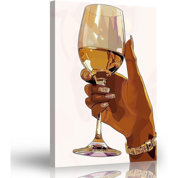 ZHONGYUTONG Black Women Wine Wall Art Wine Glass Canvas Prints African Girl Drink Pictures for Kitchen Bar Dining Room Decor Framed (12.00" x 18.00")