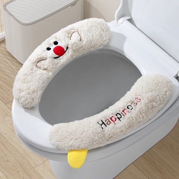 Fleece Toilet Seat Cover Plush Warm Seat Pad with Adhesive Backing for Home Bathroom(Beige)