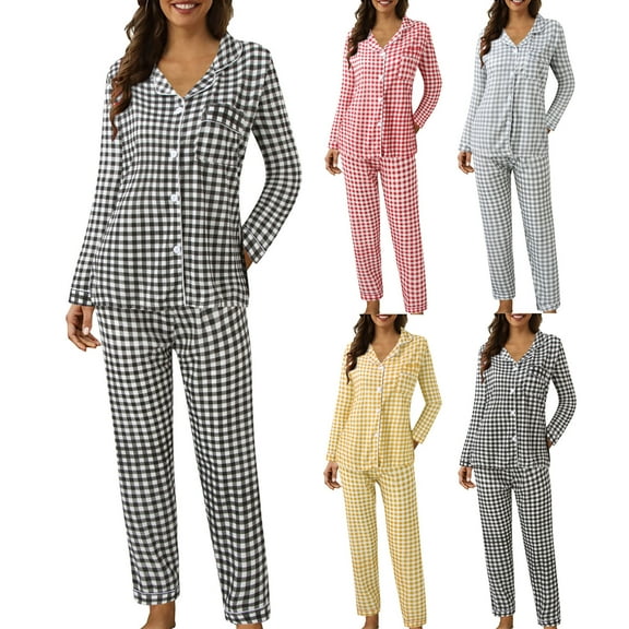 YUEHUA Pajama Sets for Women 2 Piece Pants Cute Button Up Long Sleeve Nightwear Pj Lounge Sets With Long Pants - Sleepwear & Loungewear