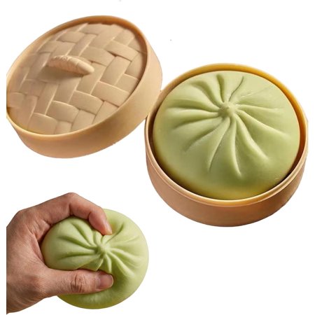 Mystery Dumpling Squishy High-Quality Silicone Stress Toys - Big Bun with Food Steamer Hand-Pinching Sensory ASMR Toys with Music Stretchy Desk Fidget Toys for All Ages Green