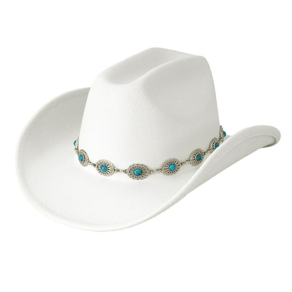 HNMKIU Western Cowboy Hat for Men and Women - Turquoise Bohemian Wide Brim Design Party Hat with Chain - Fashionable Unisex Accessory,White