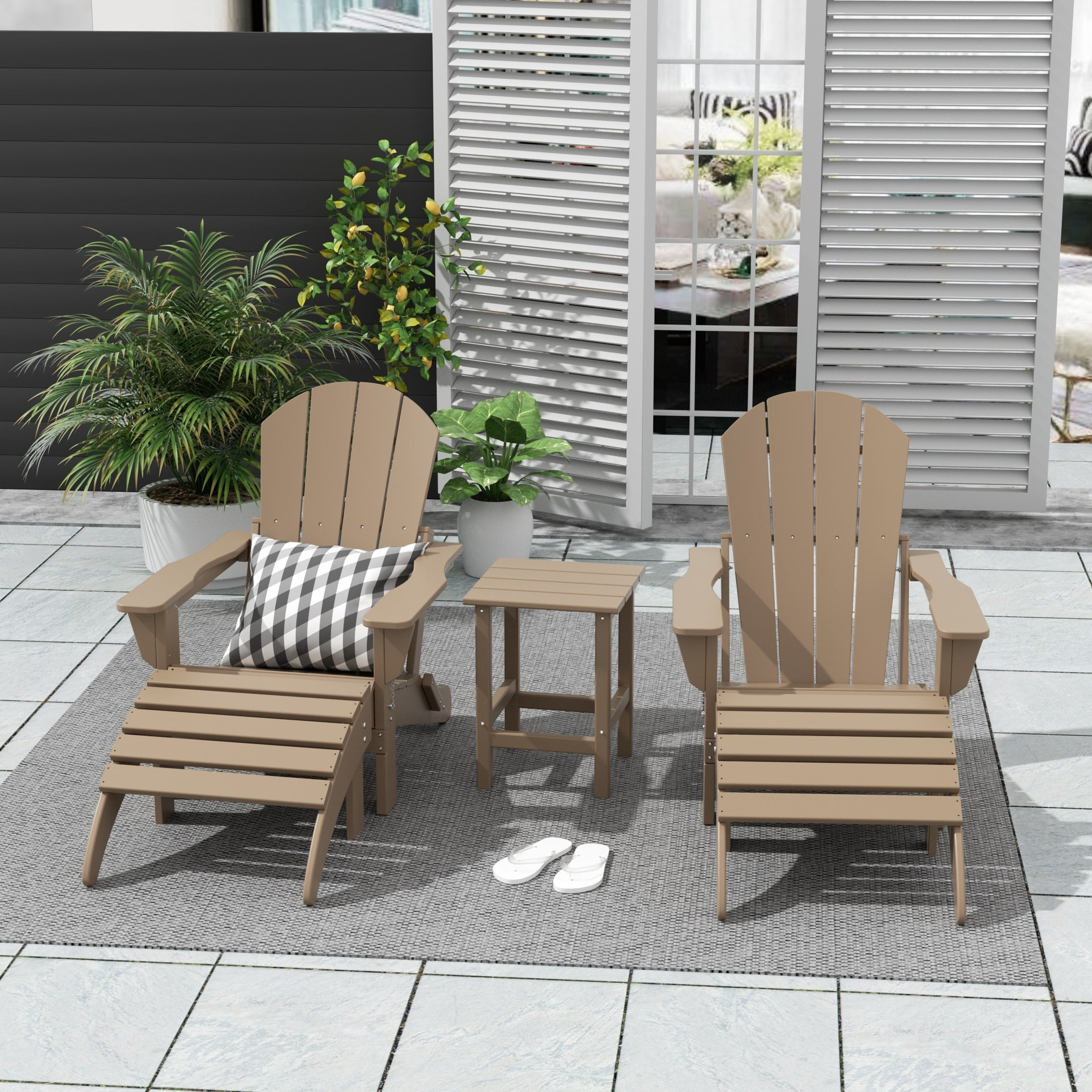 Polytrends  Laguna Hdpe All Weather Outdoor Patio Foldable Adirondack Chairs Conversation Set (5-Piece Set) Weathered Wood
