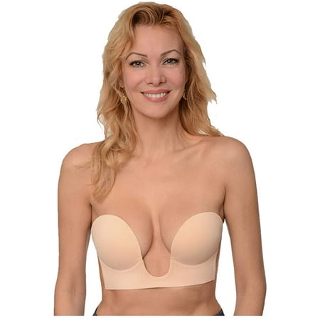 BRAZA BRA Beige Deep Plunge Adhesive Bra  US DD  NWOT