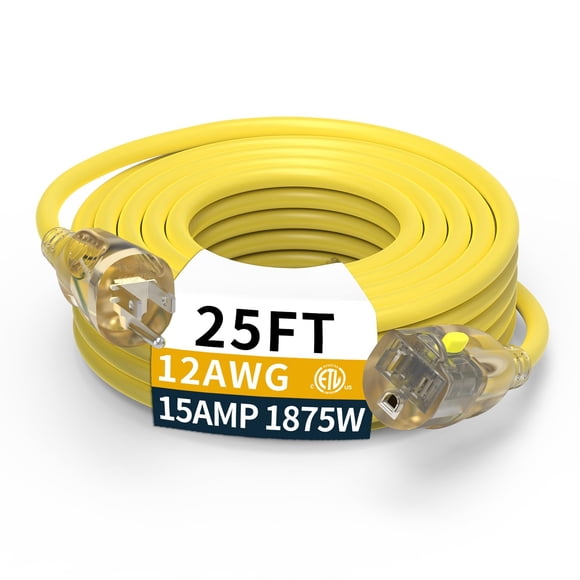Cable de extensión PRIMOWIRE de 25 pies, calibre 12/3, 15 A, 1875 W, con certificación ETL