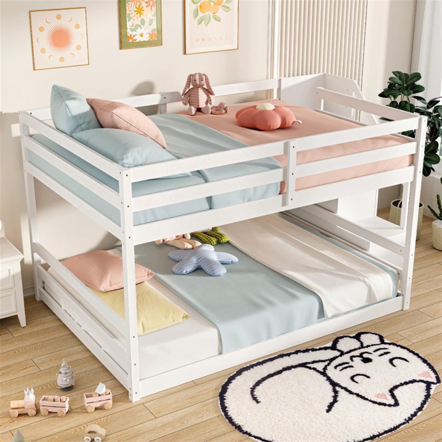 Demi Bonn Full Over Full Bunk Bed with Safety Rail and Storage Stairs, Space-saving Solid Wood Bed Frame, White