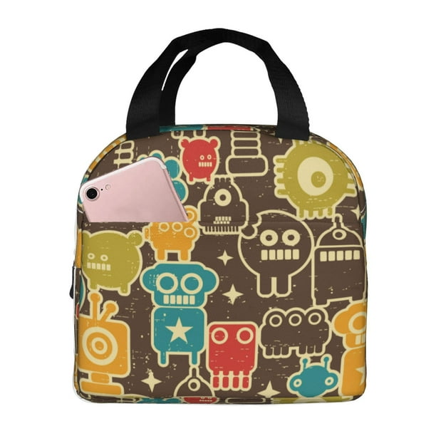 Easygdp Robot and Monsters Bolsa Térmica Premium - Tela Oxford Impermeable, Gran Capacidad, Bolsillo Frontal, Unisex para Trabajo, Escuela, Actividades al Aire Libre y Picnics
