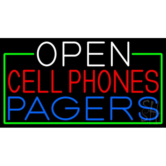 Open Cell Phones Pagers With Green Border LED Neon Sign 20 x 37 - inches, Clear Edge Cut Acrylic Backing, with Dimmer - Bright and Premium built indoor LED Neon Sign for Computer & Electronics store.