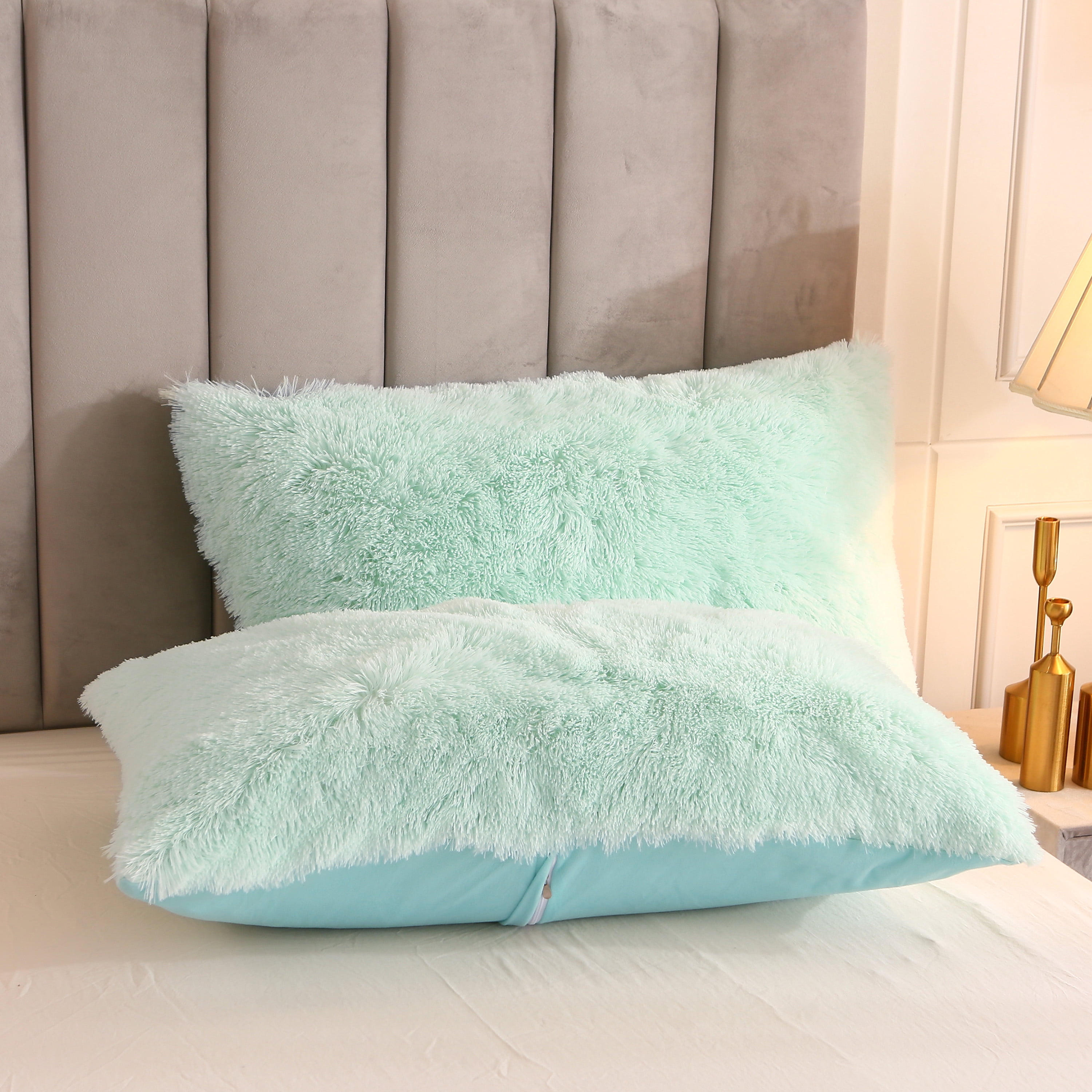 Uhamho Faux Fur Velvet Fluffy Bedding Duvet Cover Set Down Comforter Quilt Cover with Pillow Shams, Aqua