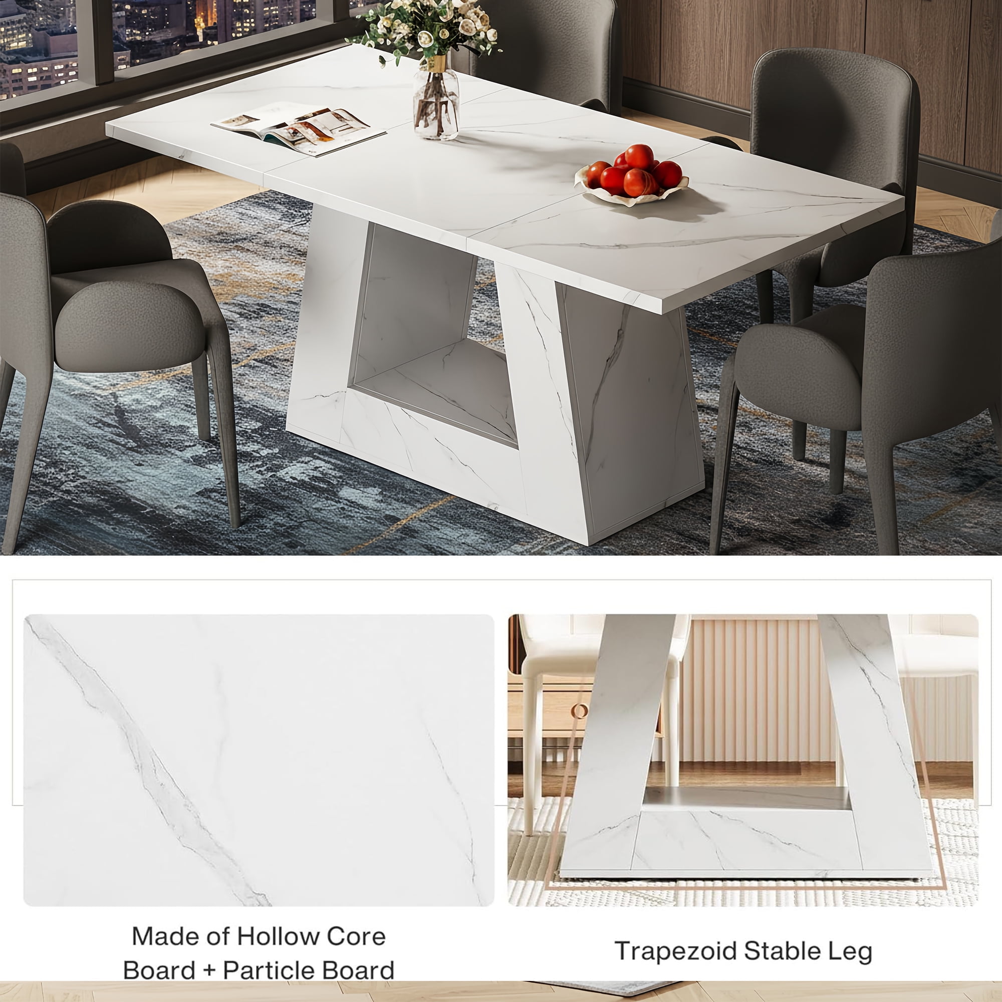 Modern Faux Marble Dining Table, 63" Rectangular 4-6 Seater Wood Table with Sturdy Base, Kitchen Living Room Dinner Table
