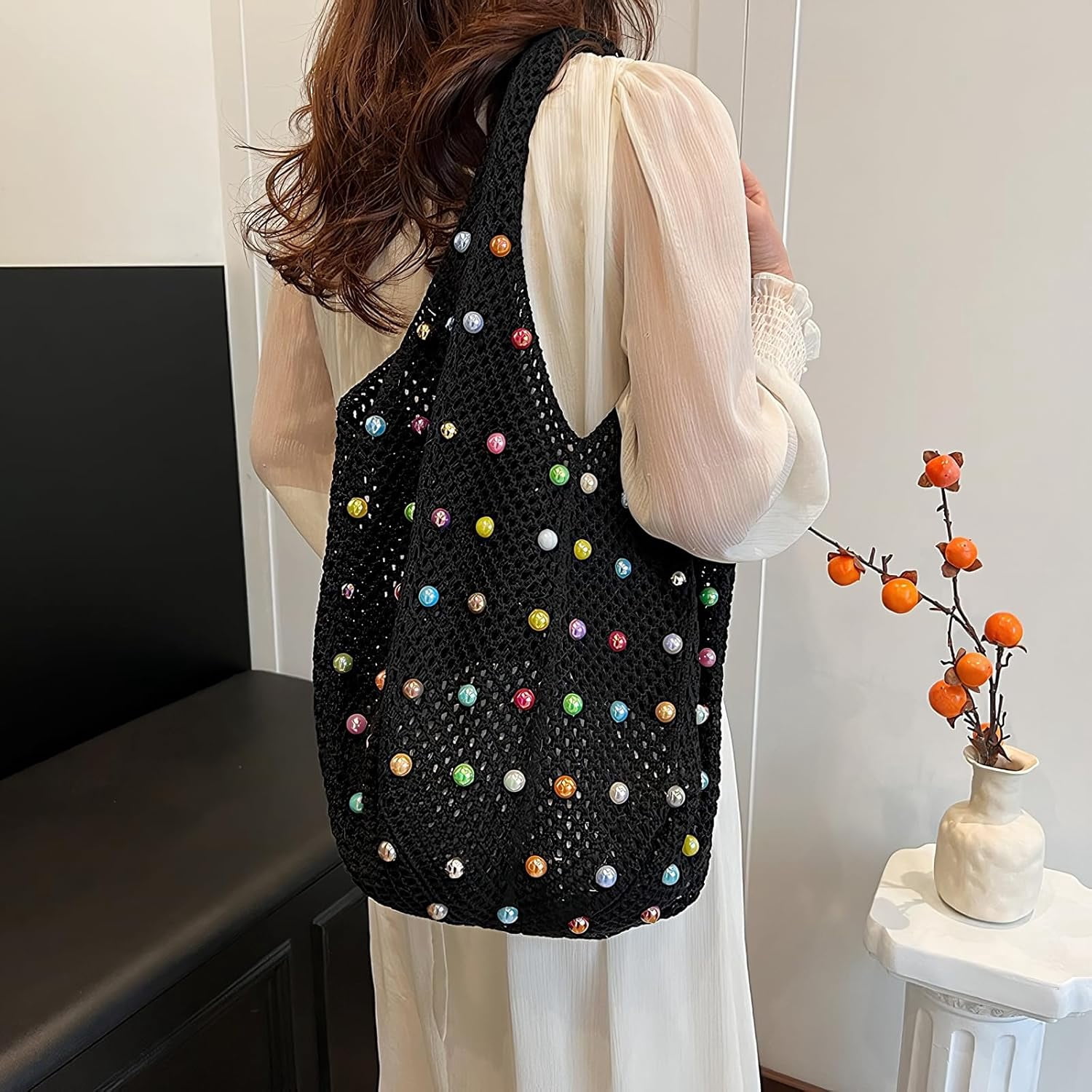 CAILDANL Boho Crochet Beach Tote Shoulder Bag with Colored Beads | Colorful Aesthetic Hippie Knit Bag for Women