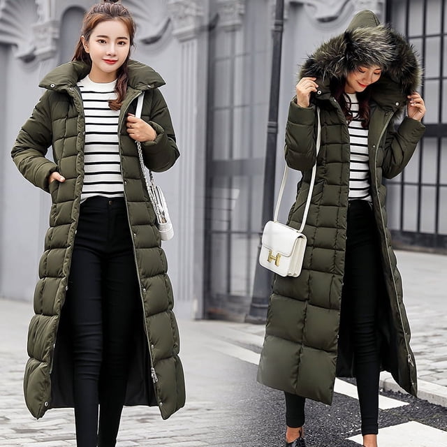 Chaqueta de algodón para mujer, estilo largo, por encima de la rodilla, chaqueta de algodón para mujer, cuello de piel grande, corte entallado, chaqueta de algodón grueso para mujer