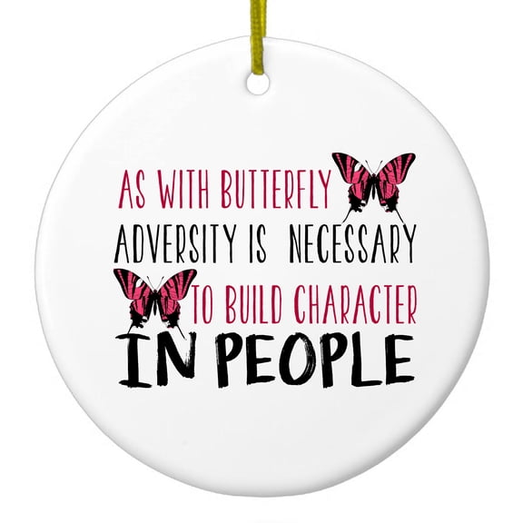 DistinctInk Hanging Ceramic Christmass Tree Ornament with Gold String - Great Gift / Present - 2 3/4 inch diameter - Butterfly - Adversity Necessary Build Character