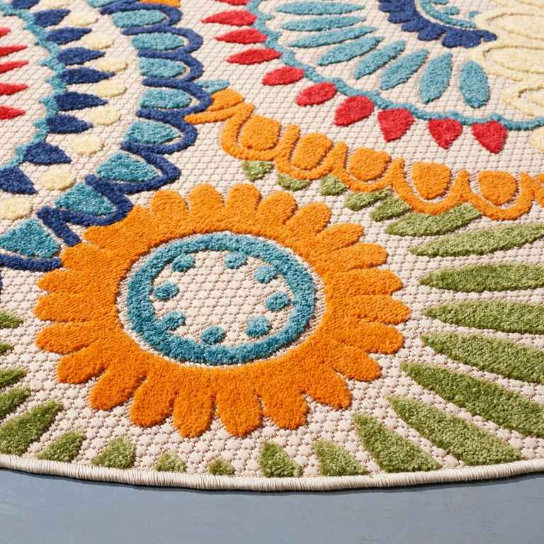 4' Round Blue And Ivory Round Floral Indoor Outdoor Area Rug 4' Round Blue And Ivory Round Floral Indoor Outdoor Area Rug