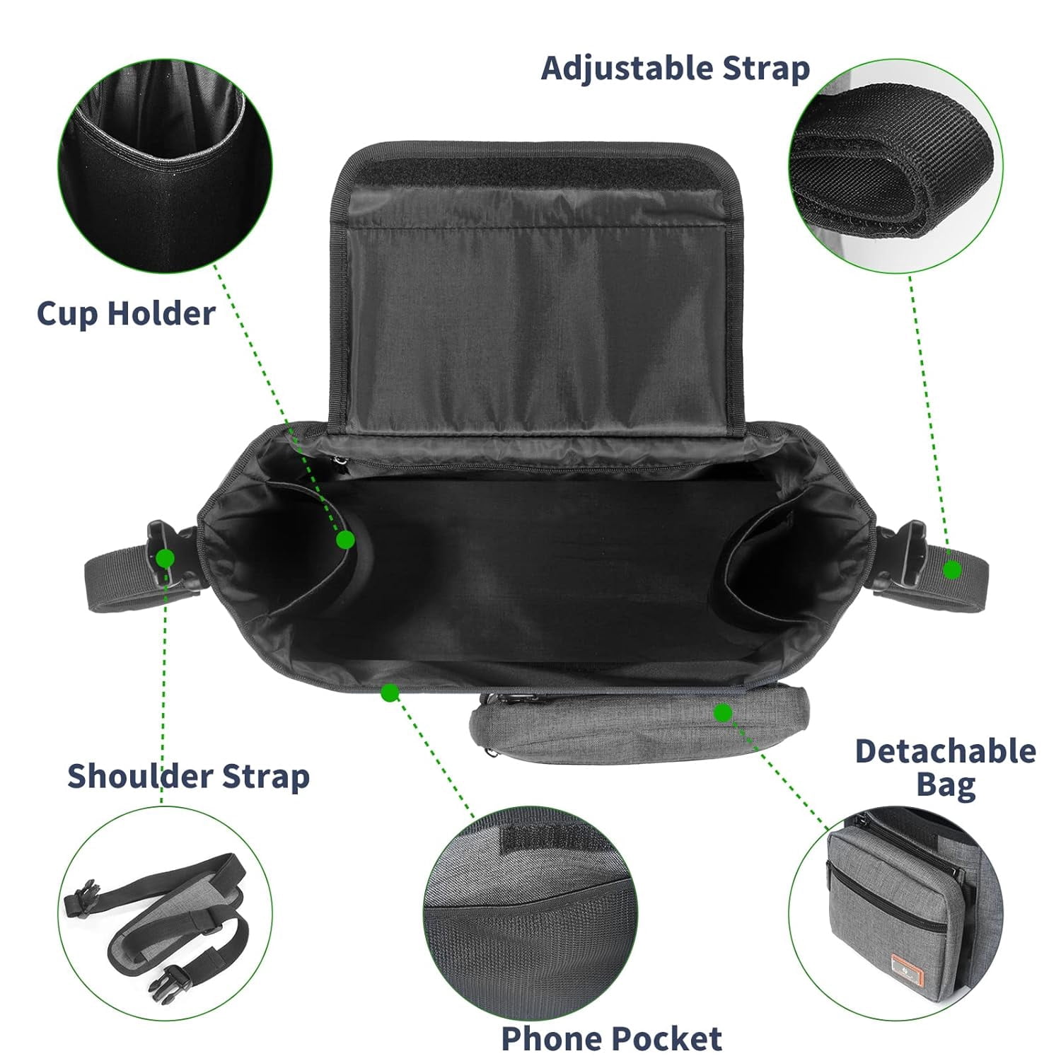 Homlynn Baby Stroller Organizer with Bottle Holders, Universal Stroller Accessories Caddy Storage Bag With Detachable Bag & Shoulder Straps for Carrying Diaper, Phone, Keys, Toys & Snacks(Grey)