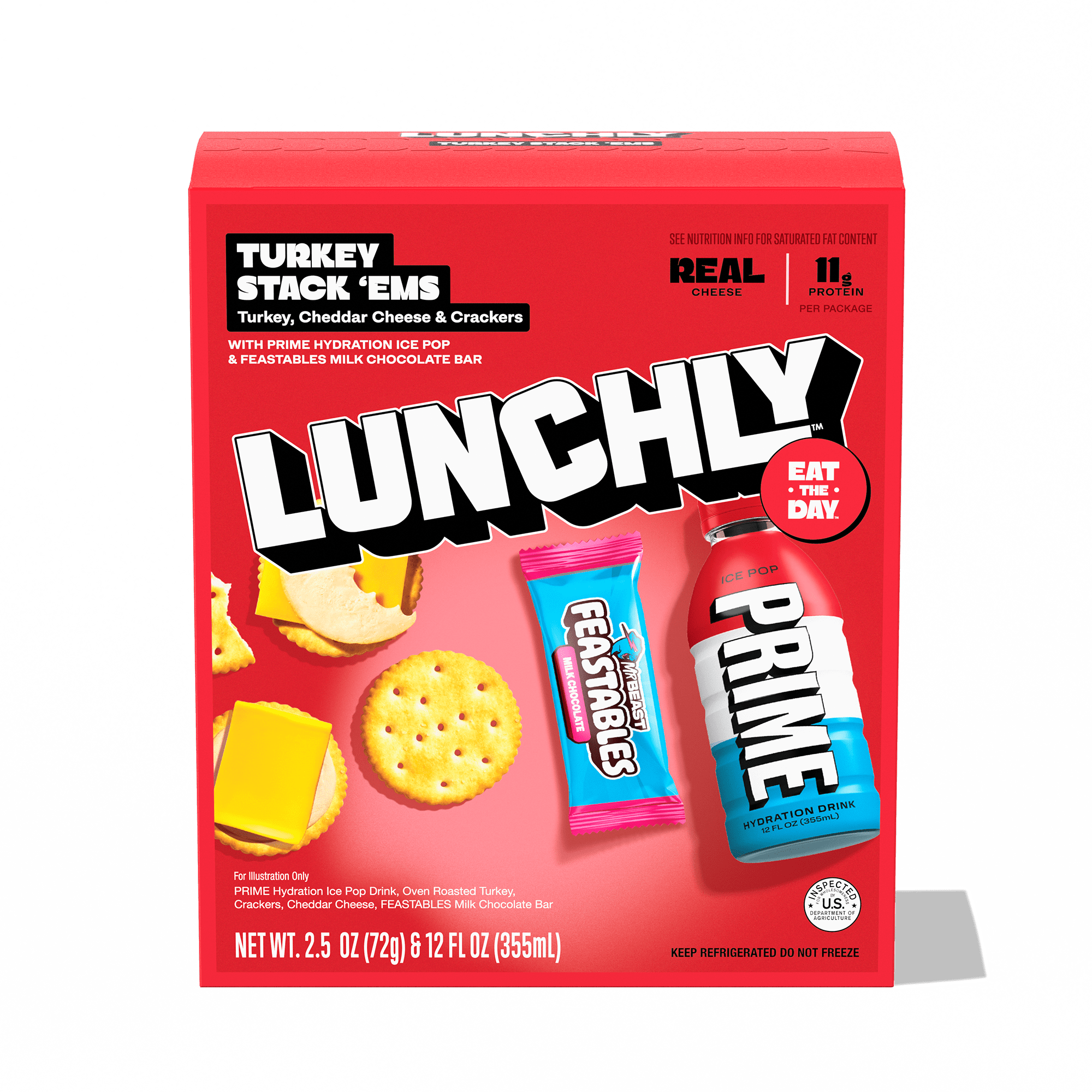LUNCHLY Meal Kit, Turkey Stack 'Ems with Feastables Chocolate and Prime Hydration, 11g Protein, Refrigerated, 1 Meal Kit