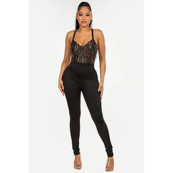 Sequin Fringe Cross Back Jumpsuit