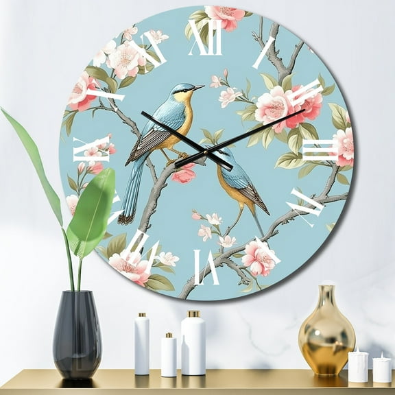 Designart "Chinoiserie Featuring Birds and Peonies XV" Floral Oversized Wall Clock