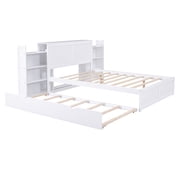 Euroco Full Size Wood Platform Bed with Trundle, Flexible 4-Tier Shelf in Headboard for Kids, White