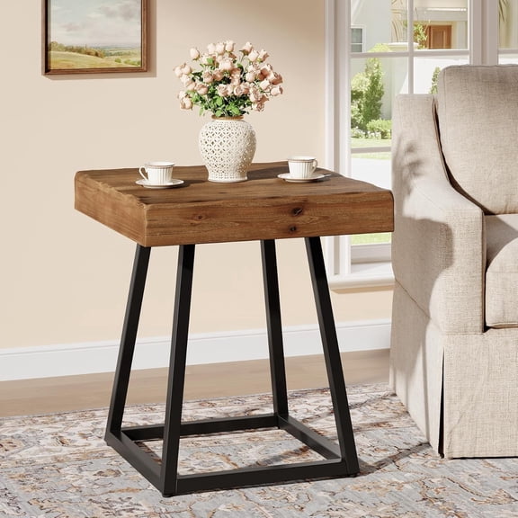 TRIBEWOOD 19.7" Industrial Solid Wood End Table with Metal Frame