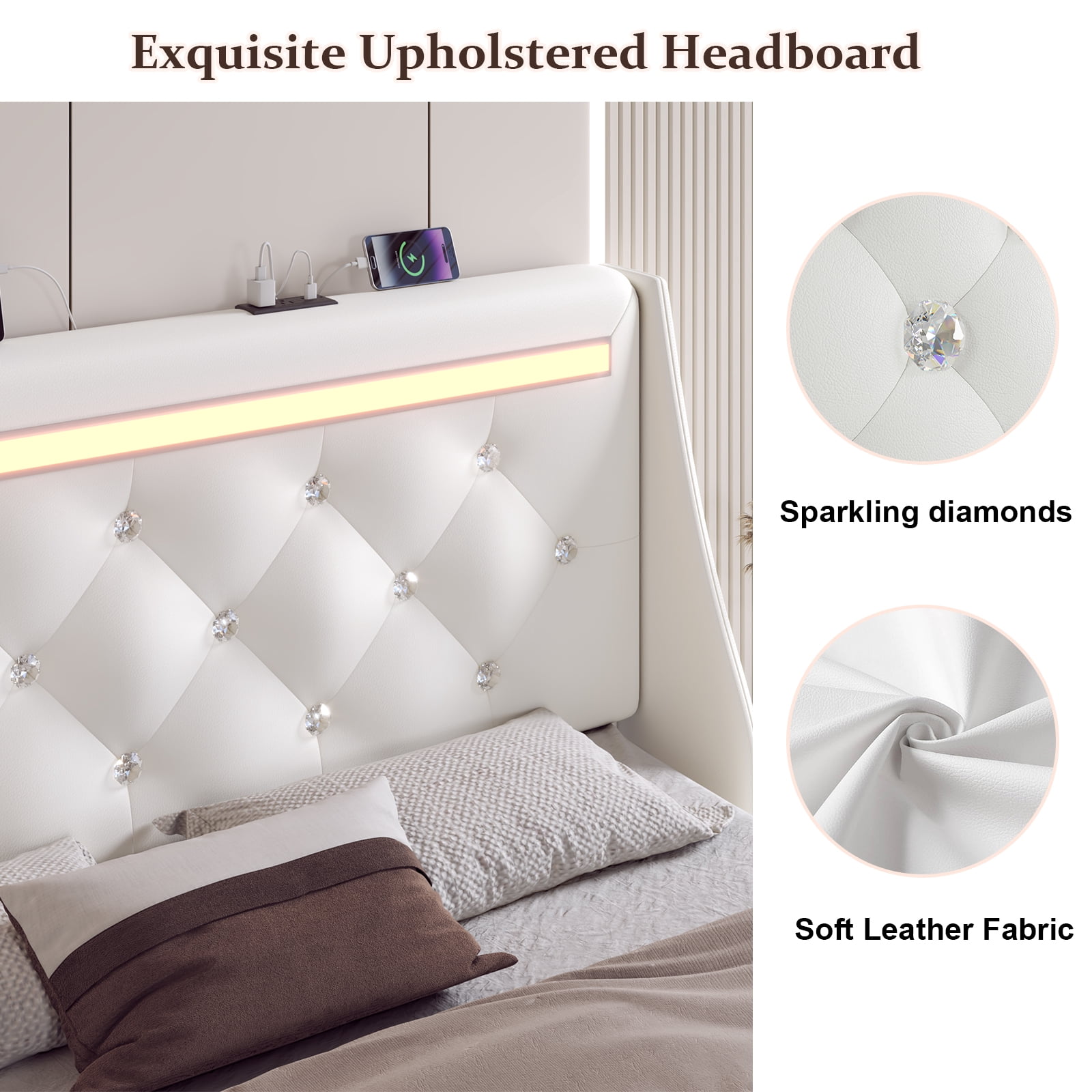 Holiway Full Size LED Bed Frame with Upholstered Headboard, Wingback PU Leather Headboard with Charging Station, Diamond Tufting, White