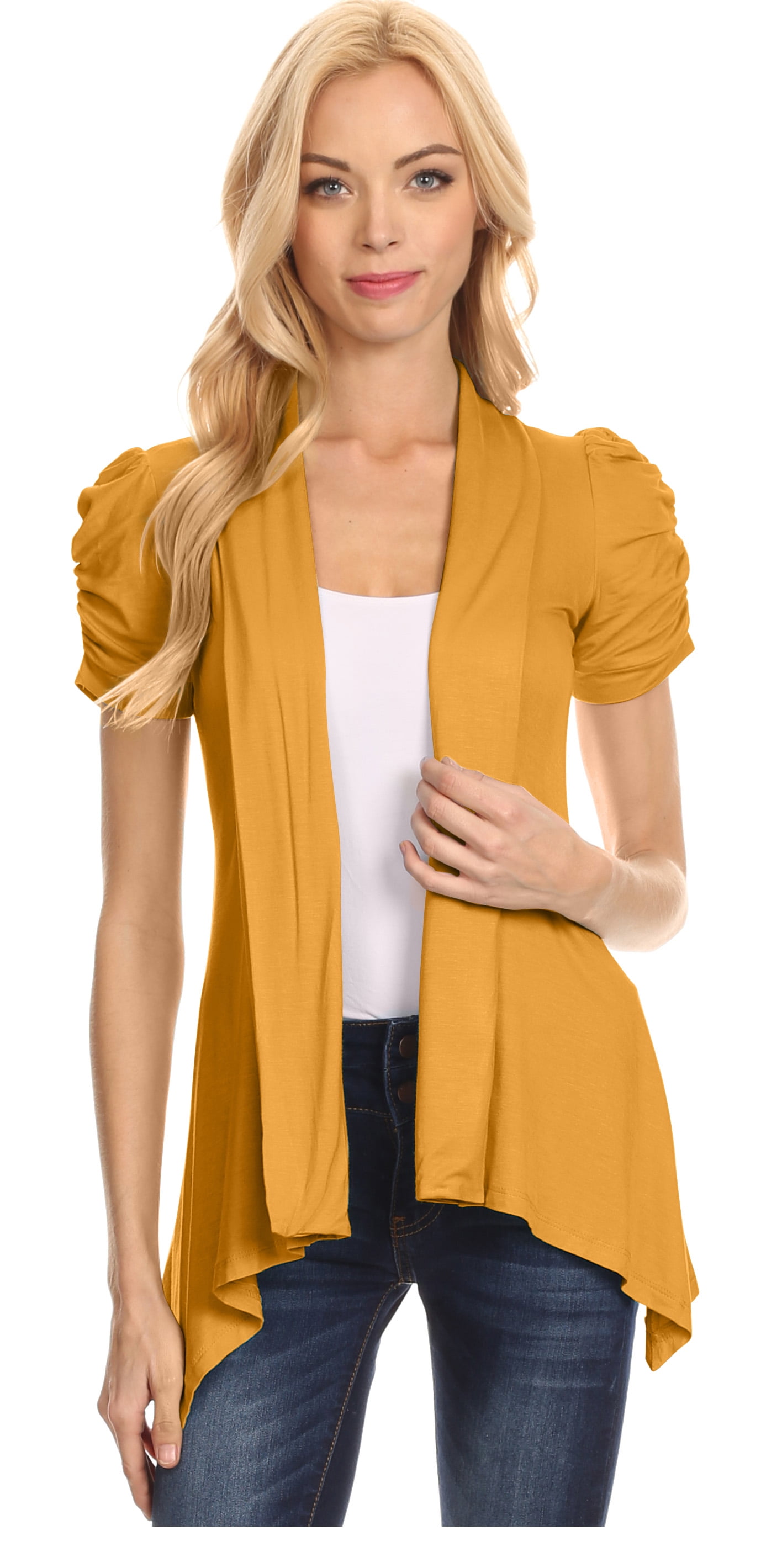 Simlu Womens Open Front Cardigan Ruched Short Sleeve Asymmetric Hem