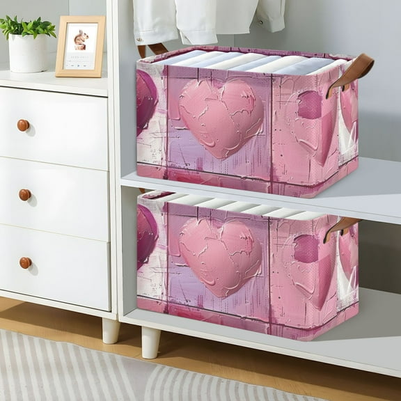 Pink Hearts Foldable Storage Large Fabric Storage Baskets Organizer Storage Bins with Handles for Shelves