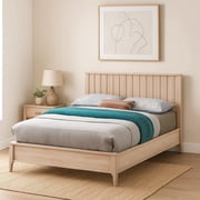 Vasu Twin Size Bed-Reeded Headboard-Whitewash Solid Rubberwood