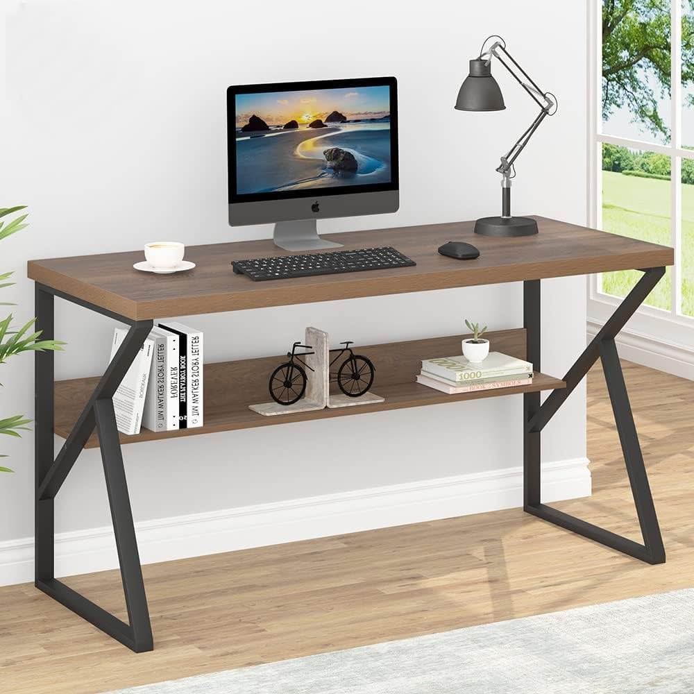 LVB Industrial Computer Desk, Rustic Wood Metal Home Office Desk, Farmhouse  Writing Study Gaming Table with Storage, Modern Wooden Executive Work Desk