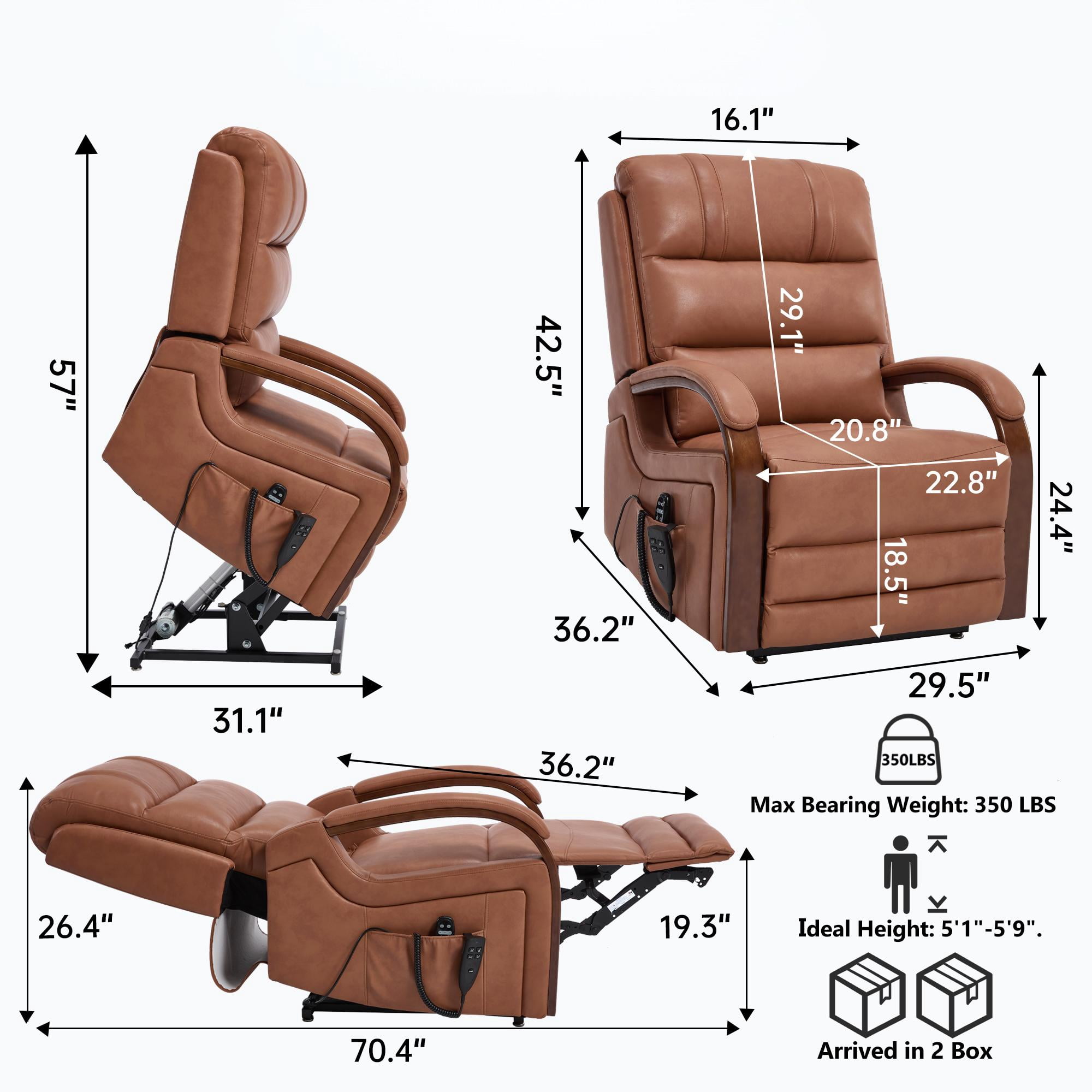 Gewnee Power Lift Recliner Chair with Heat and Massage,Lay Flat Assist Recliner with Side Pocket & Solid Wood Armrest,Lift Chair for Living Room.Orange PU