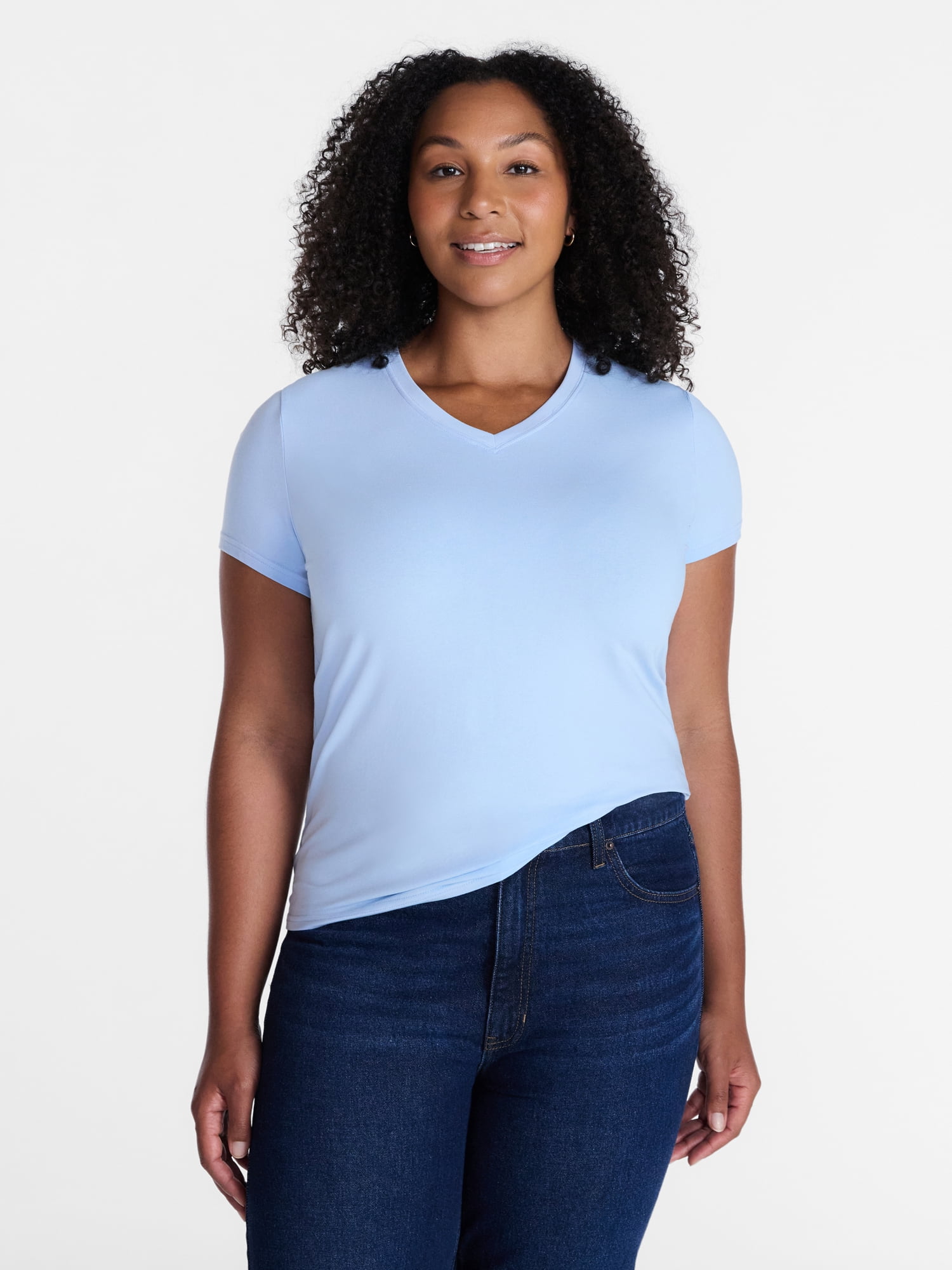Time and Tru Women's Slim V Neck Tee with Short Sleeves, Sizes XS-XXXL