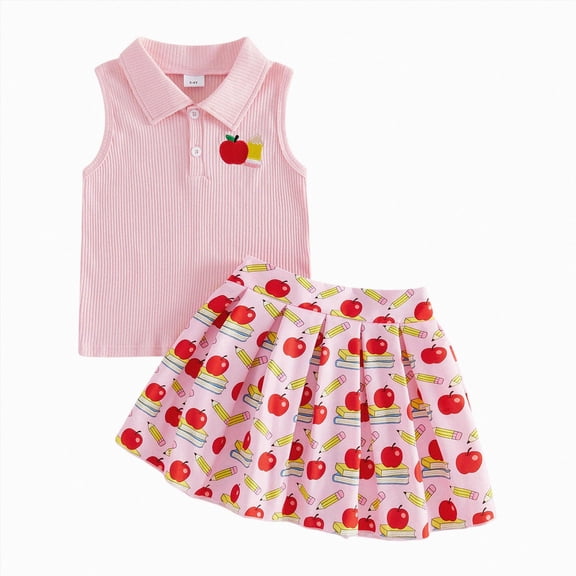 mgoYE Toddler Girl Back to School Outfit Kindergarten Pre Sleeveless T-Shirt Tank Top A-Line Skirt Set(Red,5-6 Years)