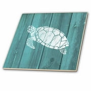 3dRose Turtle Stencil in White over Teal Weatherboard- not real wood - Ceramic Tile, 4-inch