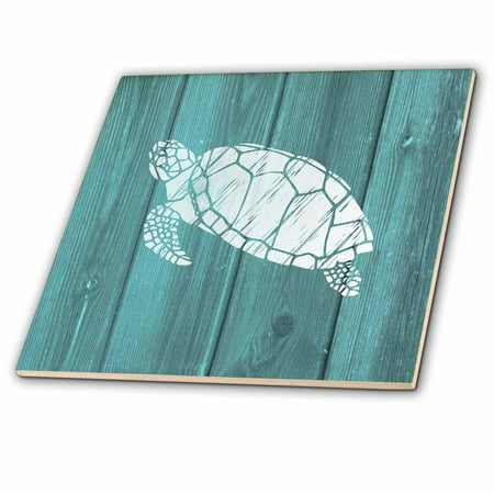 3dRose Turtle Stencil in White over Teal Weatherboard- not real wood - Ceramic Tile, 4-inch