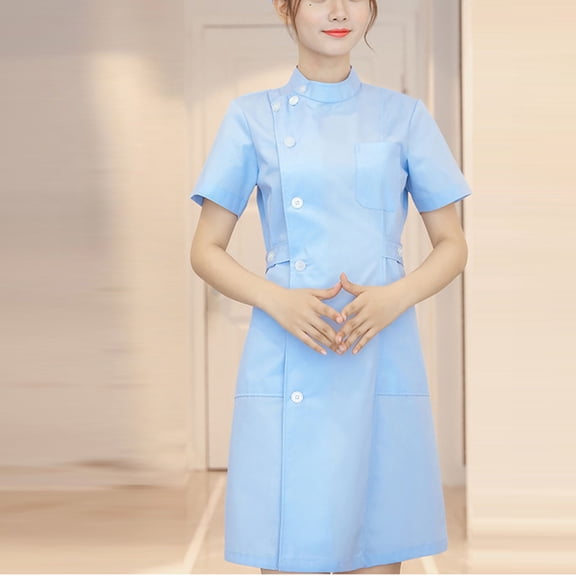 HAJWOH Womens Scrubs Dress Formal Lapel Neck Short Sleeve Button Work Dress Stretchy Comfy Scrubs Blue M